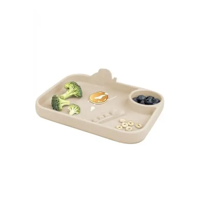 Silikon 3 Bölmeli Bebek Beslenme Tabağı, Bej