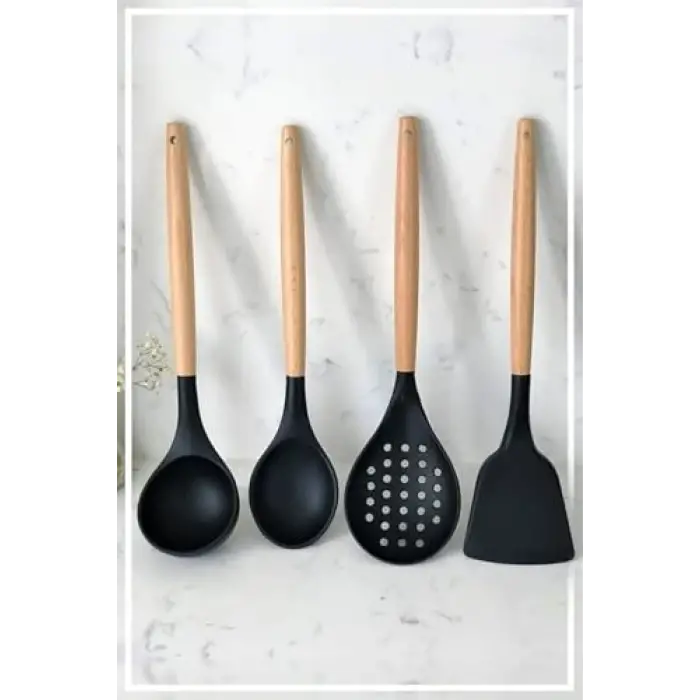 Silikon Bambu Saplı 4 Parça Mutfak Servis Seti Siyah (KEPÇE-KAŞIK-KEVGİR-SPATULA)