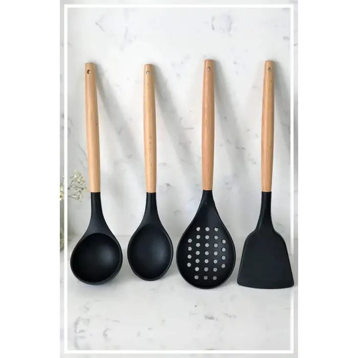 Silikon Bambu Saplı 4 Parça Mutfak Servis Seti Siyah (KEPÇE-KAŞIK-KEVGİR-SPATULA)