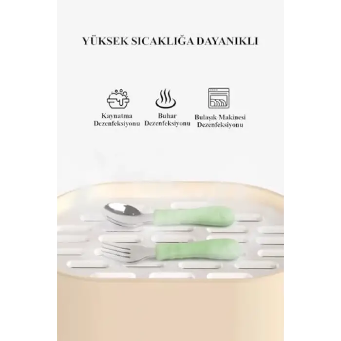 Silikon Saplı Paslanmaz Çelik Bebek Kaşık Çatal Seti (Mavi)