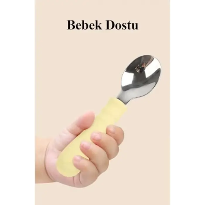 Silikon Saplı Paslanmaz Çelik Bebek Kaşık Çatal Seti (Mavi)