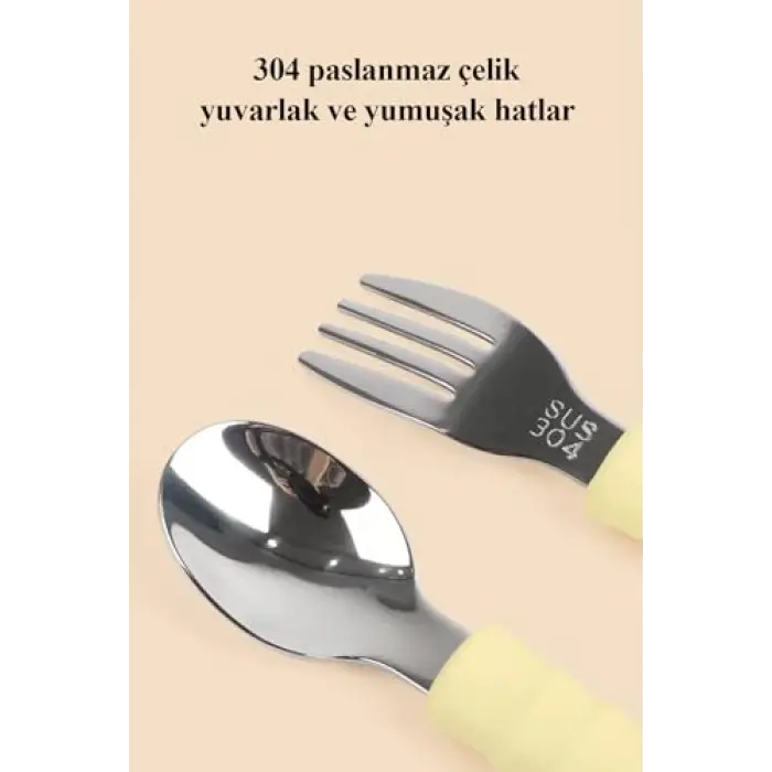 Silikon Saplı Paslanmaz Çelik Bebek Kaşık Çatal Seti (Mavi)