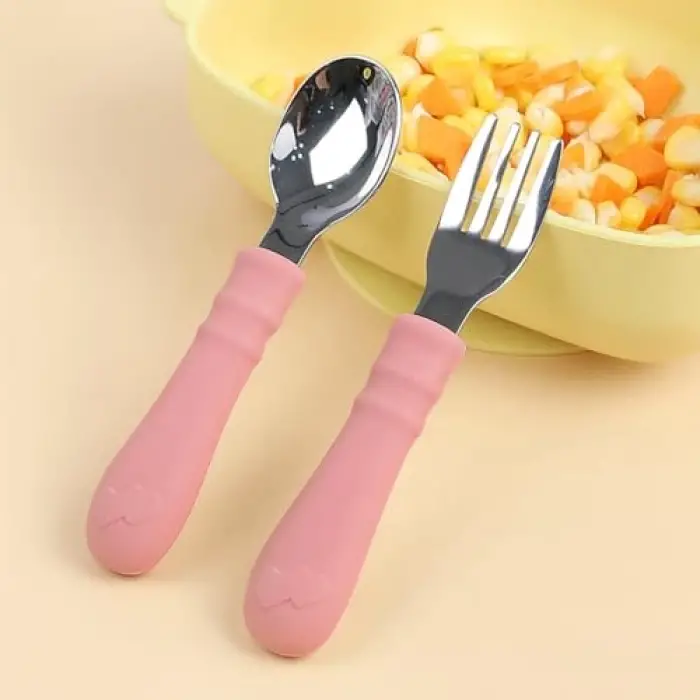 Silikon Saplı Paslanmaz Çelik Bebek Kaşık Çatal Seti (Pembe)