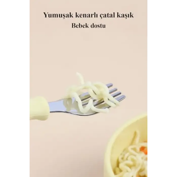 Silikon Saplı Paslanmaz Çelik Bebek Kaşık Çatal Seti (Pembe)