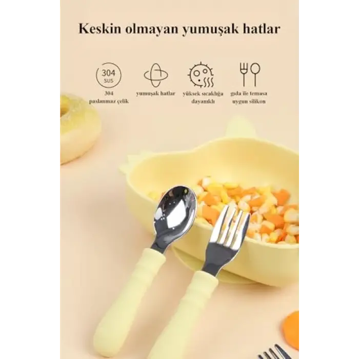 Silikon Saplı Paslanmaz Çelik Bebek Kaşık Çatal Seti (Pembe)