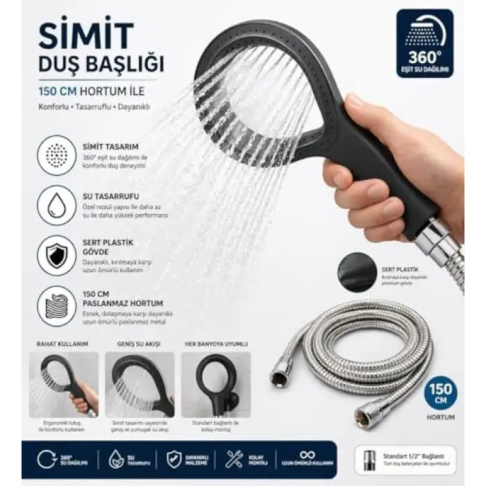 Simit Duş Başlığı Sert Plastik, 150 Cm Paslanmaz Çelik Hortumlu El Duşu, Yüksek Basınçlı Su Tasarruflu Duş Seti, Ergonomik Tutma Saplı Banyo Duş Başlığı