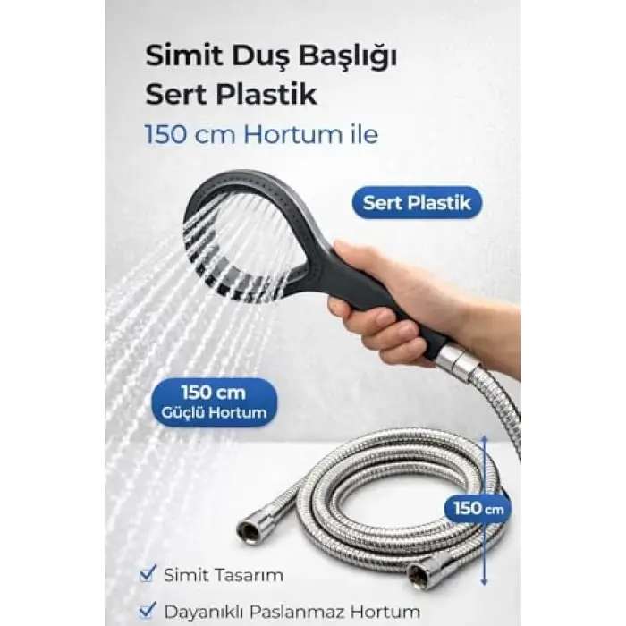 Simit Duş Başlığı Sert Plastik, 150 Cm Paslanmaz Çelik Hortumlu El Duşu, Yüksek Basınçlı Su Tasarruflu Duş Seti, Ergonomik Tutma Saplı Banyo Duş Başlığı