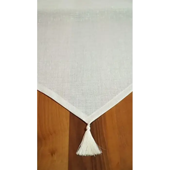 Simli Keten Runner Püsküllü, Kırık Beyaz, 45x150cm