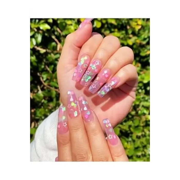 Simli Şefaf Pembe Kalpli Glitter Oje