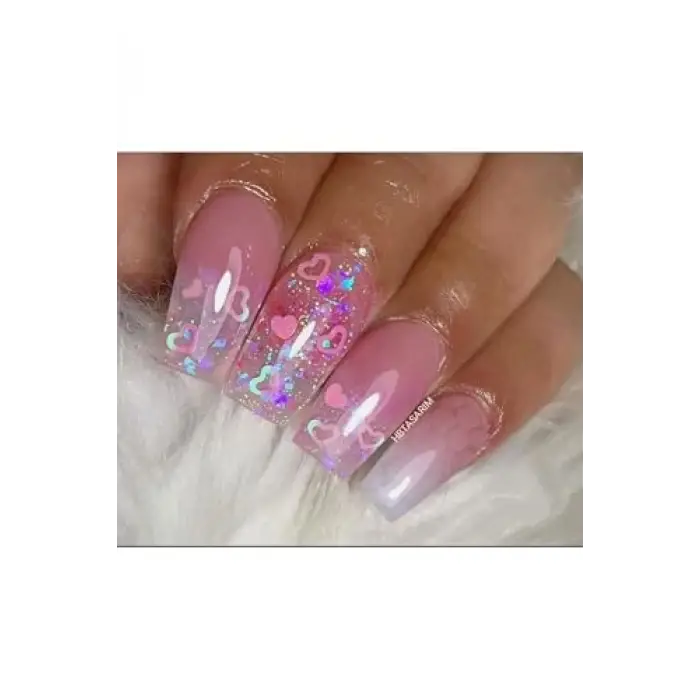 Simli Şefaf Pembe Kalpli Glitter Oje