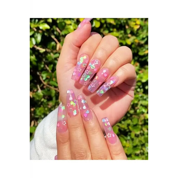 Simli Şefaf Pembe Kalpli Glitter Oje