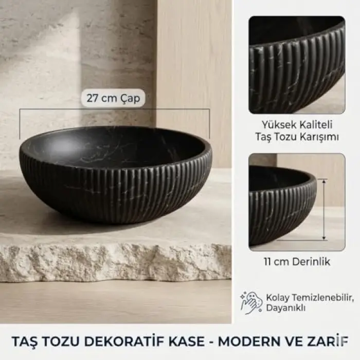 Siyah Mermer Dekor Kase 27 cm