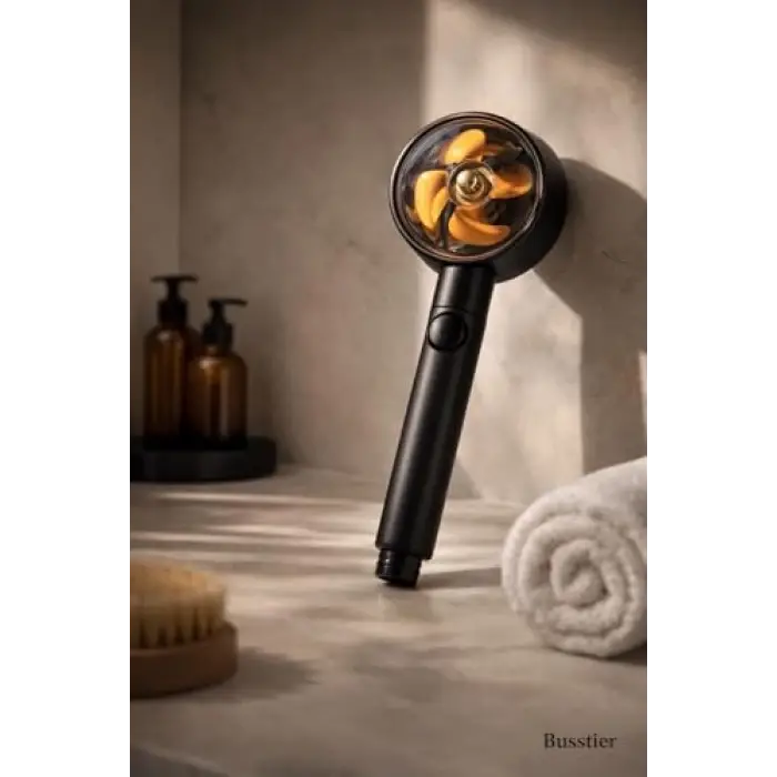 Siyah Pervaneli Turbo Duş Başlığı, 5 Akış Modlu Aç Kapa Kontrollü Yüksek Basınçlı Su Tasarruflu Masaj Etkili Modern Banyo El Duşu Standart Hortum Uyumlu