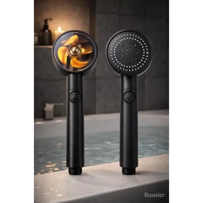 Siyah Pervaneli Turbo Duş Başlığı, 5 Akış Modlu Aç Kapa Kontrollü Yüksek Basınçlı Su Tasarruflu Masaj Etkili Modern Banyo El Duşu Standart Hortum Uyumlu