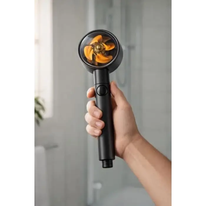 Siyah Pervaneli Turbo Duş Başlığı, 5 Akış Modlu Aç Kapa Kontrollü Yüksek Basınçlı Su Tasarruflu Masaj Etkili Modern Banyo El Duşu Standart Hortum Uyumlu