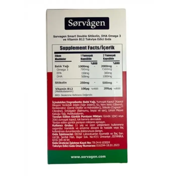 SMART DOUBLE SİTİKOLİN (250 mg), DHA OMEGA 3 VE B12 (30 Kapsül)