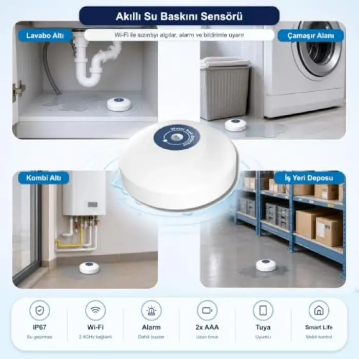 Smart Life Uyumlu), WiFi Su Baskını Sensörü - Dahili Alarmlı (Tuya