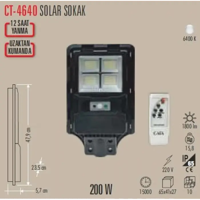 Sokak Armatürü, CATA200W Solar Sensörlü, CT-4640