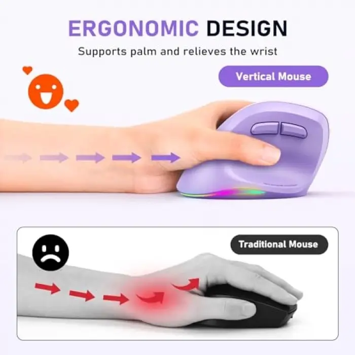 Solak Kablosuz Ergonomik Dikey Fare, Şarj Edilebilir -Mor