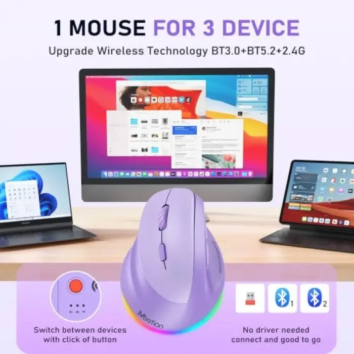 Solak Kablosuz Ergonomik Dikey Fare, Şarj Edilebilir -Mor
