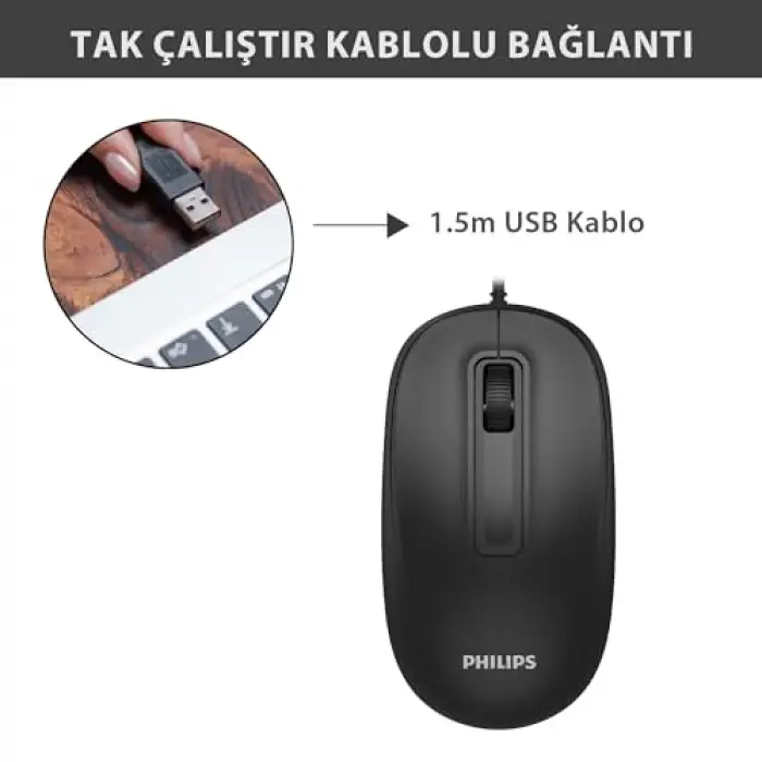 SPK7238 Siyah USB Kablolu Optik Mouse, 1200 Dpı, 3 Tuş