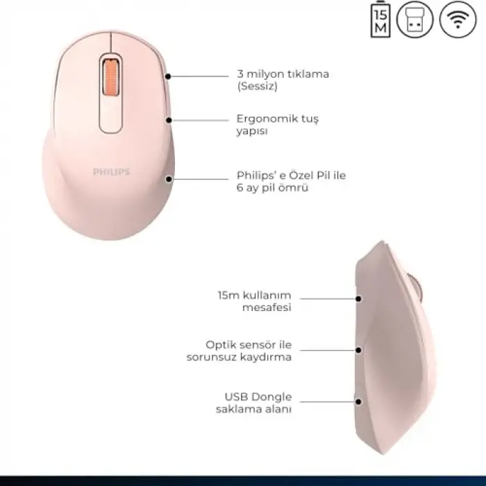 SPK7448 Kablosuz Bluetooth 1600DPI 4 Tuşlu Optik Sessiz Mouse Pembe
