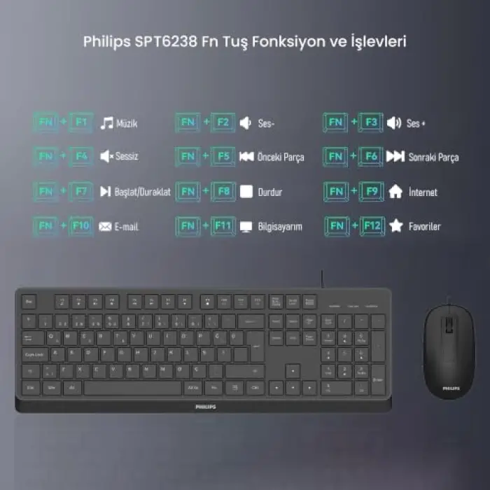 SPT6238 USB Kablolu Multimedia Sessiz Türkçe Q Klavye Mouse Seti Siyah