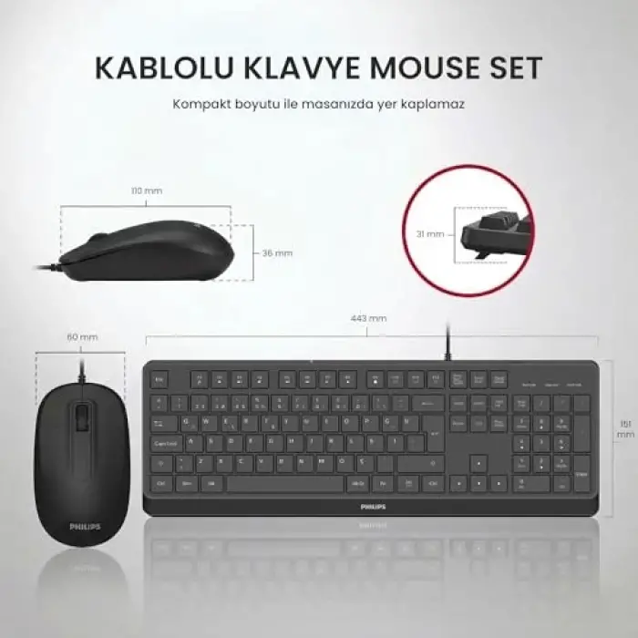 SPT6238 USB Kablolu Multimedia Sessiz Türkçe Q Klavye Mouse Seti Siyah