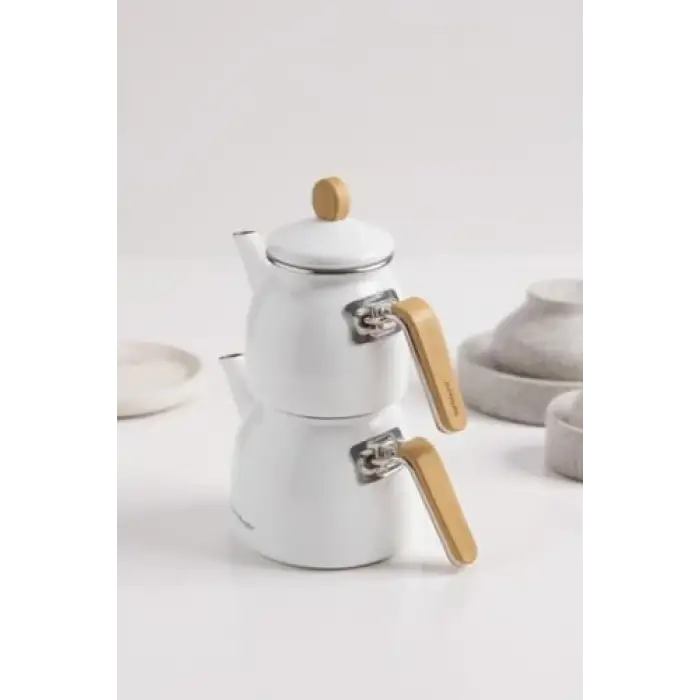 Sultan - Bambu Kulplu Emaye Çaydanlık Takımı Beyaz