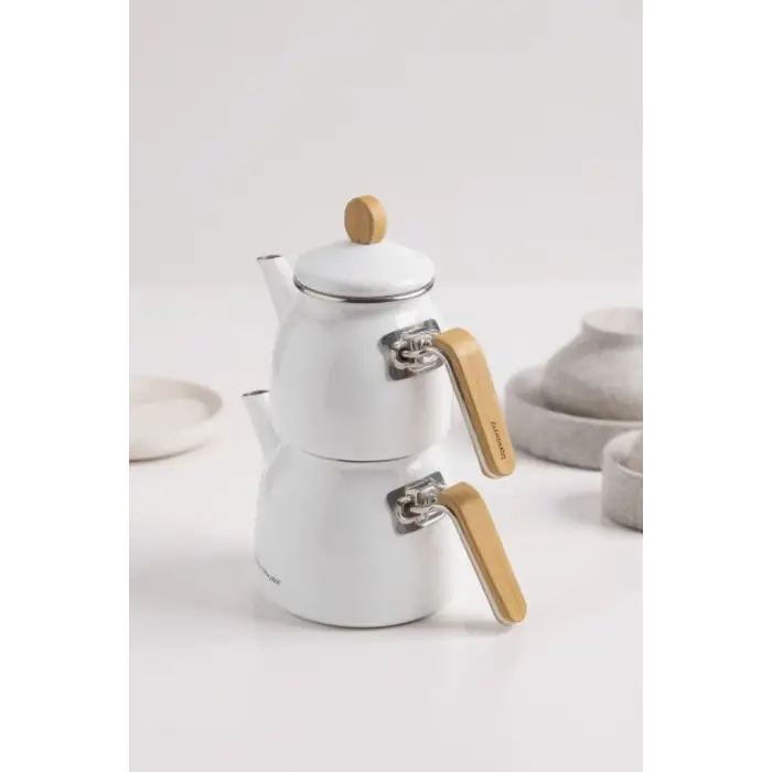 Sultan - Bambu Kulplu Emaye Çaydanlık Takımı Beyaz