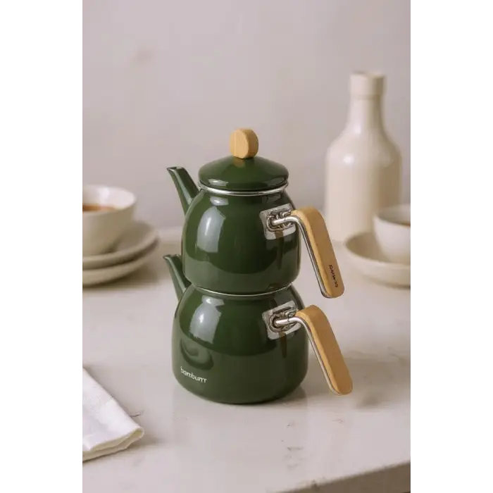 Sultan - Bambu Kulplu Emaye Çaydanlık Takımı Koyu Yeşil