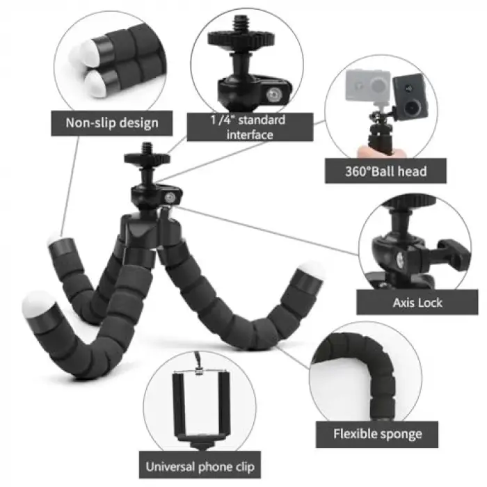 Süngerli, Elastik ve Sabit Döner Tripod, Siyah