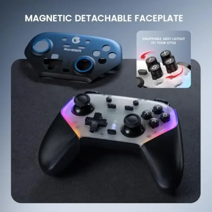 Super Nova Wireless Gaming Controller for PC/Switch/iOS/Android, Hall Effect Stick & Trigger, Rubberized Grips, RGB Lighting, Swappable ABXY, Detachable Faceplate, 1000mAh with Charging Dock