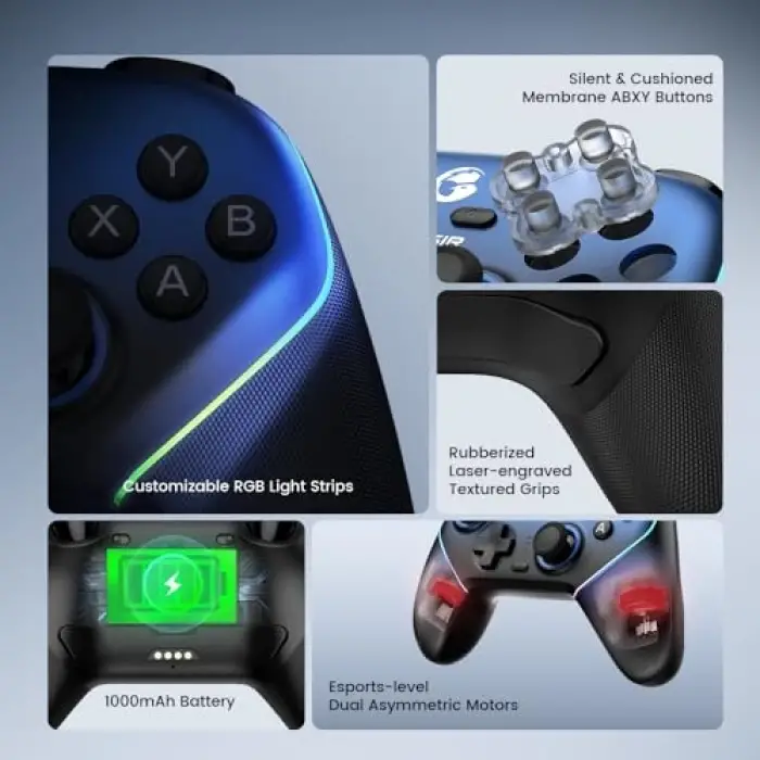 Super Nova Wireless Gaming Controller for PC/Switch/iOS/Android, Hall Effect Stick & Trigger, Rubberized Grips, RGB Lighting, Swappable ABXY, Detachable Faceplate, 1000mAh with Charging Dock