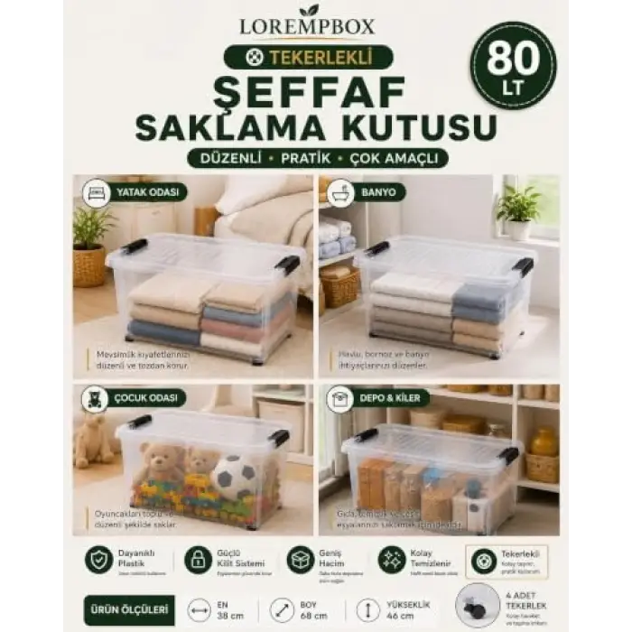 Tek Adet 80 L Tekerlekli Şeffaf Saklama Kutusu