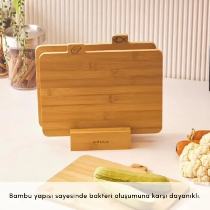 Triple 4 Parça Ayaklı Bambu Kesme Tahtası Seti