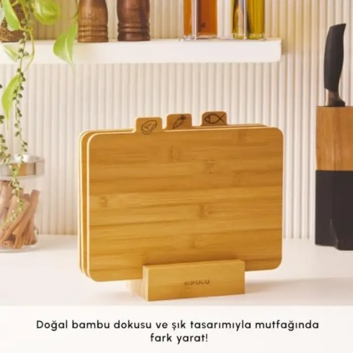 Triple 4 Parça Ayaklı Bambu Kesme Tahtası Seti