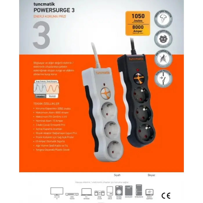 TSK19010 Powersurge 3-Surge Protectıon Plug-1050 Joule- Wıth Cable Siyah