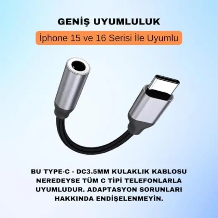 Type-C - 3.5 mm Aux Ses Dönüştürücü Kablo, Kulaklık Adaptörü