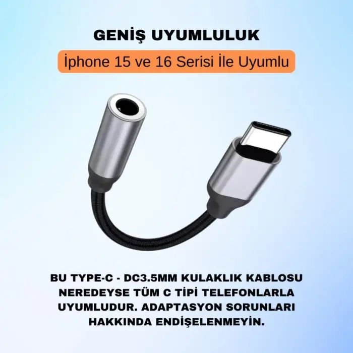 Type-C - 3.5 mm Aux Ses Dönüştürücü Kablo, Kulaklık Adaptörü