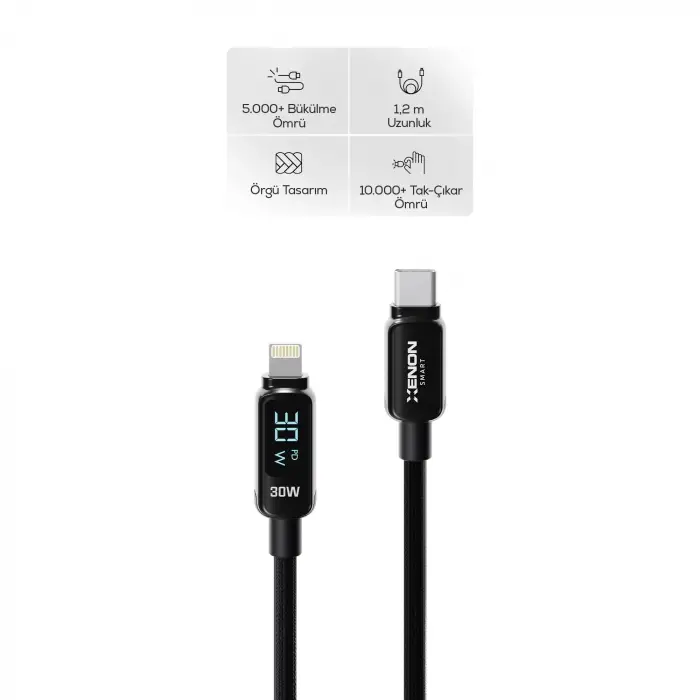Type-C - Lightning iPhone Şarj Kablosu, 30W PD Hızlı Şarj, 2m, LED Örgü, 480Mbps, X6427