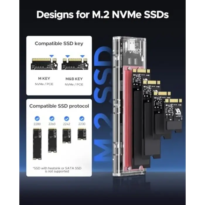 Type-C NVMe M.2 Gen2 10Gbps Ssd Hdd Şeffaf Harddisk Kutusu, Kırmızı, TCM2-C3-RD