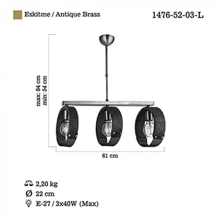 Üçlü Sıralı Ahşaplı Antik Avize 3 X E27