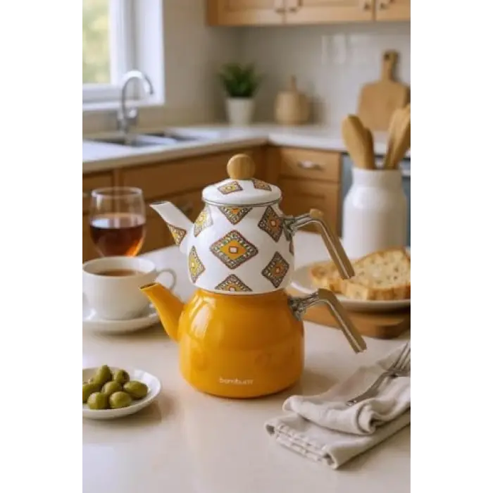 Unique - Bambu Kulplu Emaye Çaydanlık Takımı Hardal