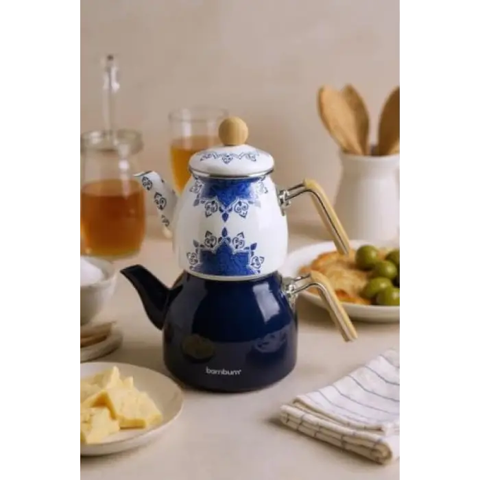 Unique - Bambu Kulplu Emaye Çaydanlık Takımı Lacivert