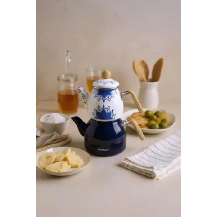 Unique - Bambu Kulplu Emaye Çaydanlık Takımı Lacivert