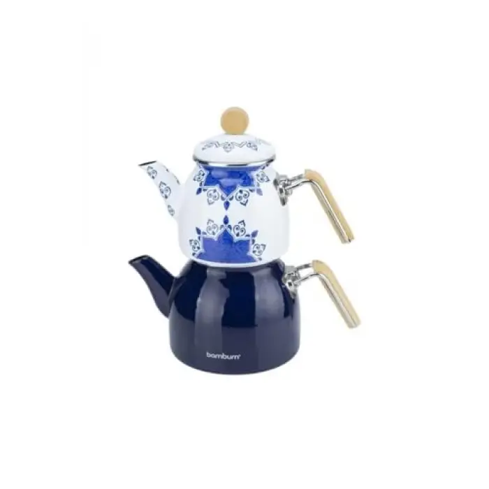 Unique - Bambu Kulplu Emaye Çaydanlık Takımı Lacivert