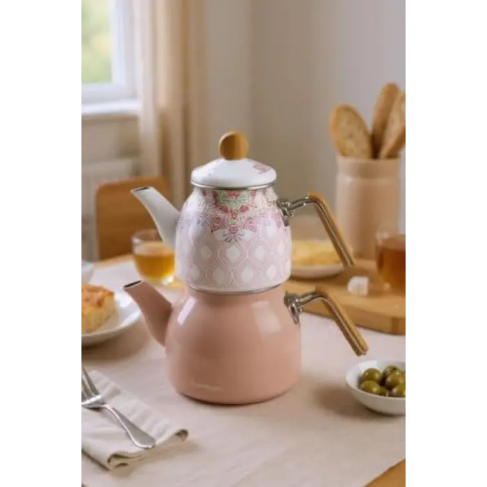 Unique - Bambu Kulplu Emaye Çaydanlık Takımı Pembe
