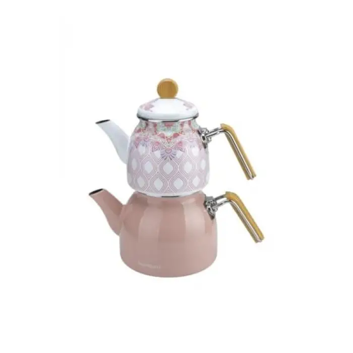 Unique - Bambu Kulplu Emaye Çaydanlık Takımı Pembe