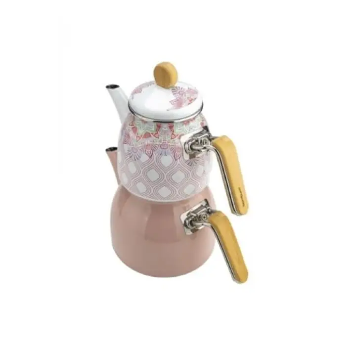 Unique - Bambu Kulplu Emaye Çaydanlık Takımı Pembe